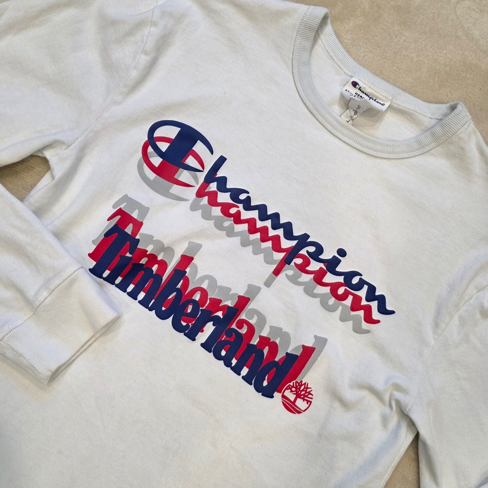 Champion x Timberland Long Sleeve Tee Mens Small White Heritage Athletic Apparel